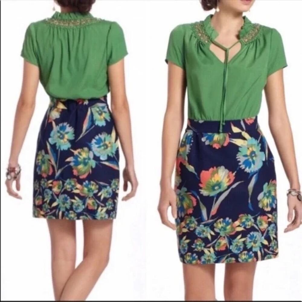 Anthropologie Tabitha Elland lace embroidered dress Green and Navy Floral Size 0